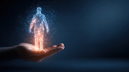 Digital Being: A luminous digital human figure floats above an outstretched hand, a powerful symbol of technology's potential and the intersection of humanity and innovation. 