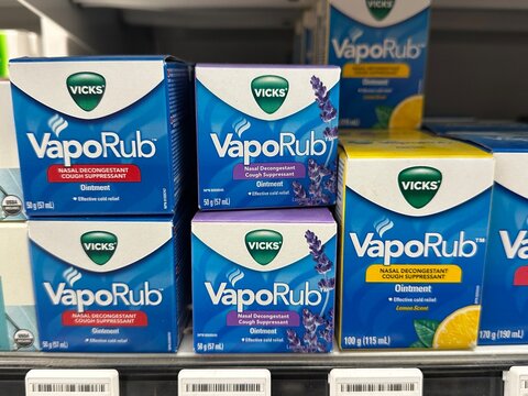 Vicks VapoRub photographed in Vulcan, Alberta, Canada on January 21, 2026. Image documents the popular topical ointment for medicinal and cold relief purposes. For editorial use only.