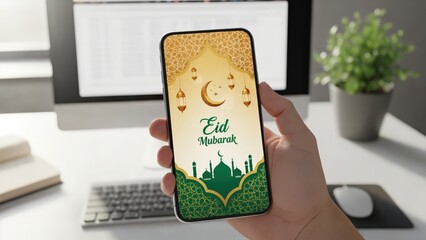 Stylish Smartphone Displaying Eid Mubarak Greeting with Decorative Elements and Mosque Silhouette