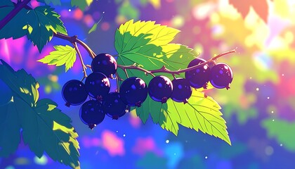 Vibrant, stylized berries cling to a branch amidst sunlit leaves and colorful bokeh