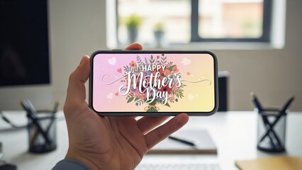 Mother's Day Celebration Mobile Phone Greeting Card Display in Modern Office Setting