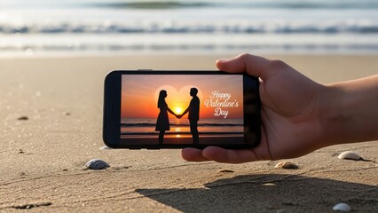 Couple Holding Hands at Sunset on Beach with Phone Capture for Special Occasions like Valentine's Day