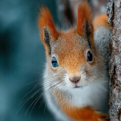 Close-up of a squirrel peering from behind a tree