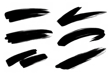 Black paint brush strokes collection creating abstract shapes and textured ink splatters, artistic grunge elements set, transparent background