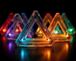 Colorful geometric shapes illuminated with vibrant lighting effects