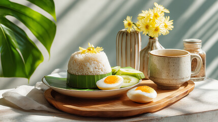 Nasi lemak serving  coconut rice  authentic Malaysian presentation