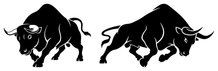 Furious black bull silhouette charging forward isolated on white background for logo design