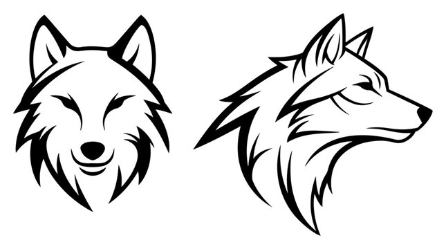 Stylized wolf head vector illustration set featuring front and side profile views for mascot