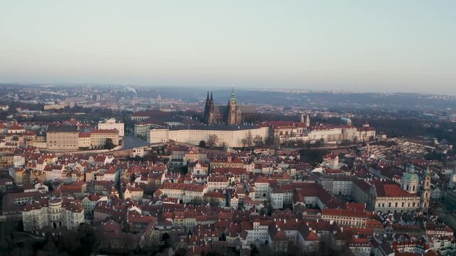 Aerial Drone View of St. Vitus Cathedral and Prague Castle at Sunrise, 4K