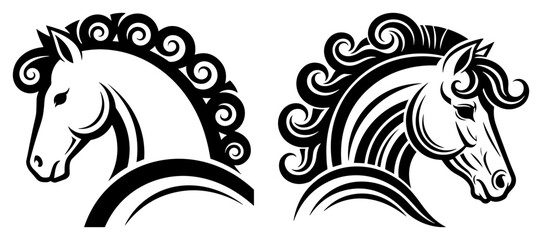 Stylized horse head profile with decorative curly mane in tribal tattoo design style © Aisha Kudorova