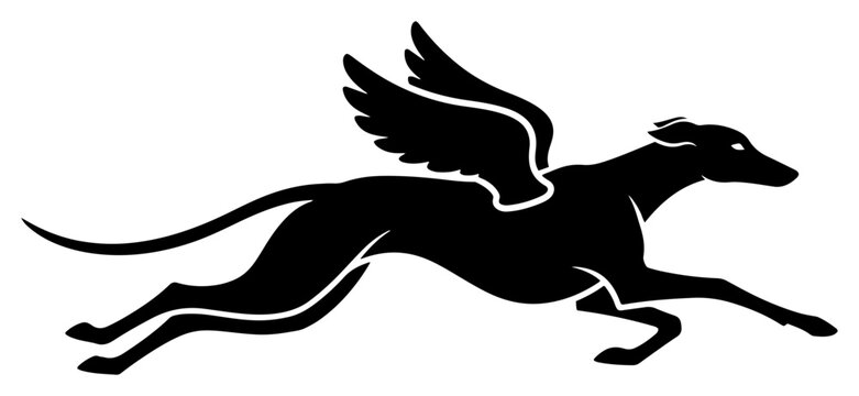 Running winged dog silhouette resembling a greyhound or whippet mythical creature