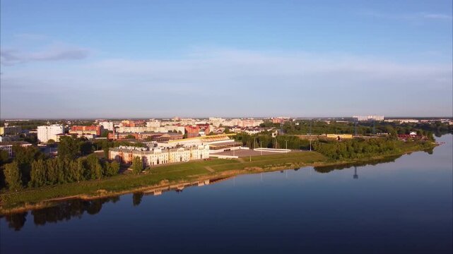 A drone makes a flight over the Volga River in Tver, revealing the Victory Obelisk, a church, a cathedral, bridges and other city landmarks.