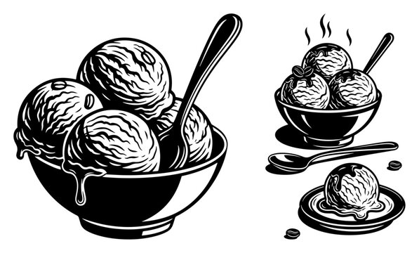 Vintage style engraved vector illustration of delicious ice cream scoops in a bowl with a spoon