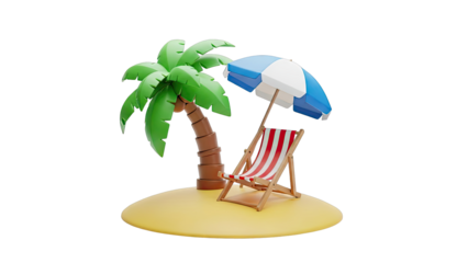 Tropical island with palm tree, beach chair, and umbrella