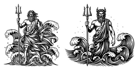 God Poseidon holding trident standing in ocean waves vintage engraving vector illustration © Aisha Kudorova