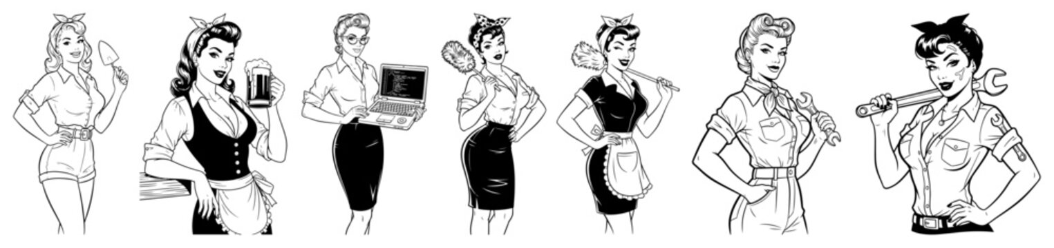 Set of retro pin up girls representing different professions like mechanic and waitress