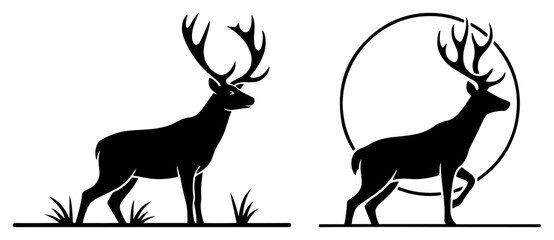 Black silhouette of a standing deer with antlers and walking stag logo set