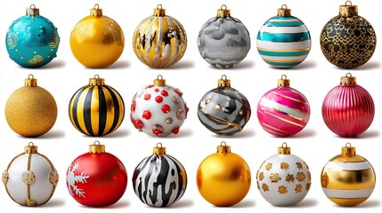 Festive Ornaments: A vibrant collection of uniquely designed, spherical ornaments, each offering a festive charm, perfect for holiday decoration, adding a touch of elegance and joy.