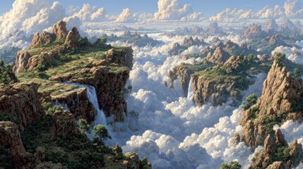Scenic mountain tops rise from a sea of clouds, bathed in sunlight