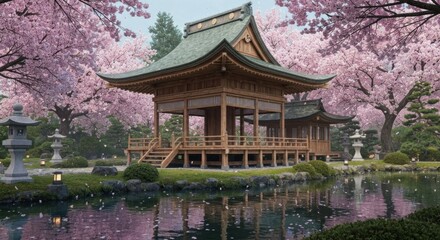 Tranquil scene with wooden pavilion, cherry blossoms, and water reflection