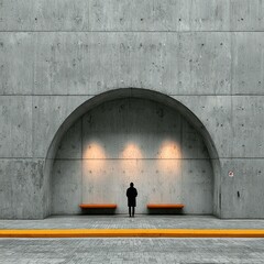 A solitary figure stands before a concrete arch with benches