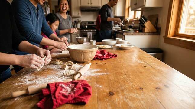Diverse family making dumplings together on a wooden table. Generational cooking tradition for Lunar New Year celebration. Asian culture and food preparation.