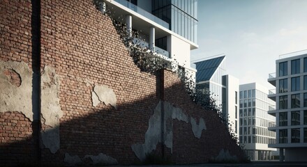Crumbling brick wall transitions into modern glass and concrete buildings