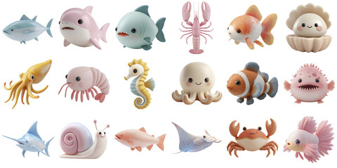 Playful 3d Rendered Pastel Sea Creatures Isolated on Transparent