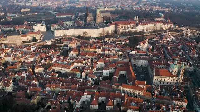 Aerial Drone View of St. Vitus Cathedral and Prague Castle at Sunrise, 4K