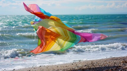 Like a colorful kite a beach towel flies high carried by the ocean breeze.