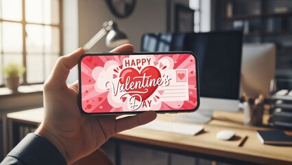 Happy Valentine's Day Greeting on Mobile Phone in Cozy Home Office Setting
