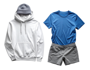 Casual Outfit Flat Lay: Blue T-Shirt, Grey Shorts, White Hoodie, Grey Beanie, Isolated PNG 