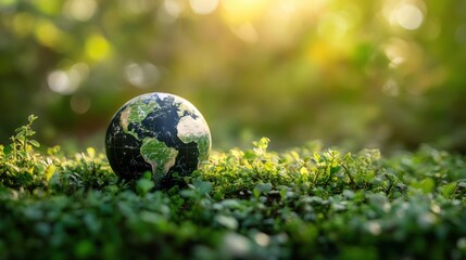 A small globe representing Earth sits on a lush green grassy Page coordinately surrounded by blurred foliage and sunlight