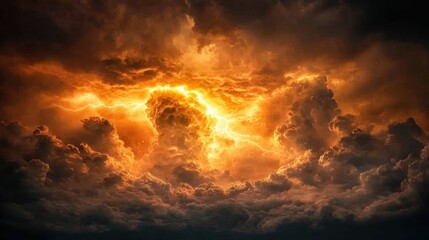 Dramatic clouds illuminated by a vibrant orange glow from within era ensued