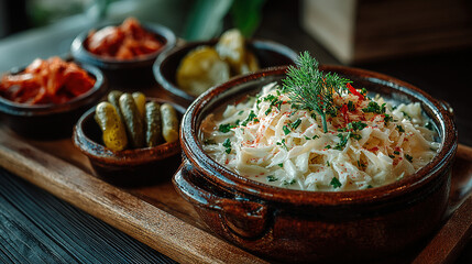 Traditional creamy pasta dish served with pickles and condiments on a wooden platter.
