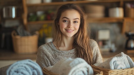 A young woman era Page laundry in a cozy domestic kitchen environment