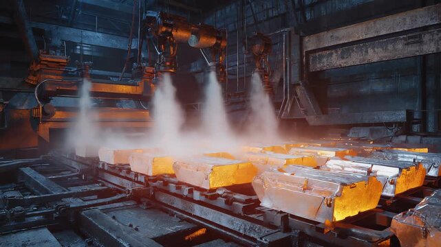Metal ingots move on a conveyor as they cool from orange to silver. Automated sprayers release mist to assist in cooling, creating sounds of machinery in the foundry hall