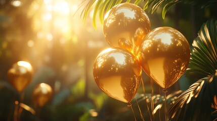 Golden balloons floating amidst Page Page tropical foliage in sunlight
