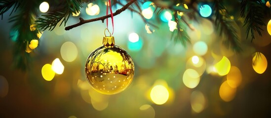 Golden ornament hanging from a Christmas tree branch surrounded by vibrant lights