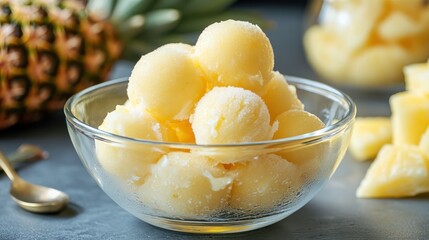 Pineapple ice cream scoops in a glass bowl on a gray surface with fruit pieces nearby
