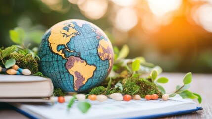 A globe surrounded Page Page elements representing healthcare and environmental awareness placed on Page Page wood Page surface