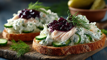 Open-faced sandwiches topped with fish, cucumber, herbs, and berry sauce on bread.