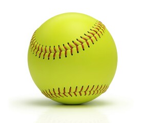 Single bright yellow softball or baseball with red stitching isolated on a white background with a soft shadow