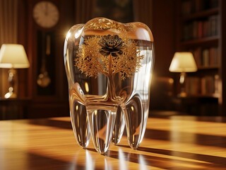 Artistic Transparent Tooth Containing a Golden Tree and Flower