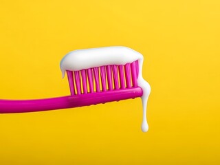 Pink toothbrush with white toothpaste foam on yellow background
