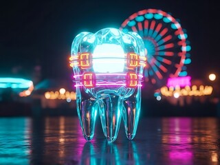 Futuristic neon tooth with braces at an amusement park night
