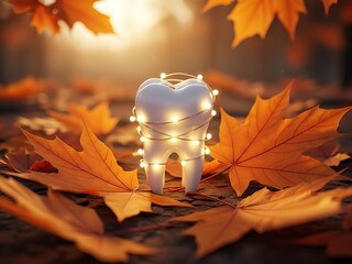 Glowing white tooth with string lights among autumn maple leaves
