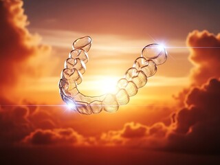 Transparent orthodontic dental aligner floating in sunset clouds