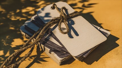 Stack of blank paper tags tied together with coarse twine under dramatic sunlight