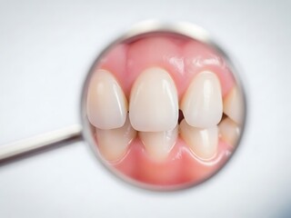 Close up reflection of healthy white teeth in a dental mirror